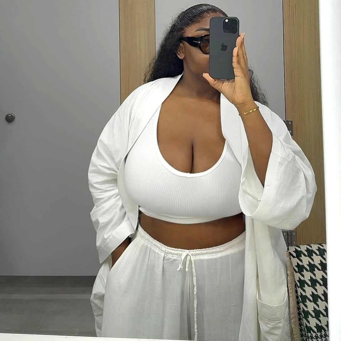 European and American large size new cardigan long shirt top women's African women's casual trousers solid color fashion two-piece set