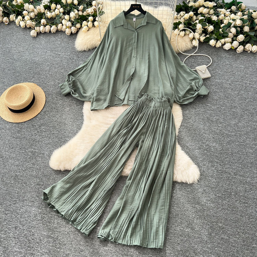 Fashion light mature style outfit for women looseslimming lookcasualeasiest for match lantern sleeve shirt high waist wide legstraight-leg pantssuit