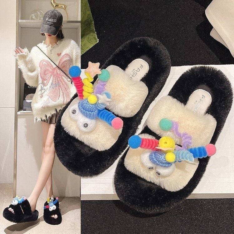 Fuzzy slippers women's outerwear 2025 new korean style ins trendy shoes autumn and winter one-strap thick-soled cotton slippers spring and summer