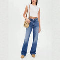 Vintage deep blue high-waisted wide-leg jeans for women - relaxed fit, drapey, slimming straight-leg trousers - casual and versatile denim pants