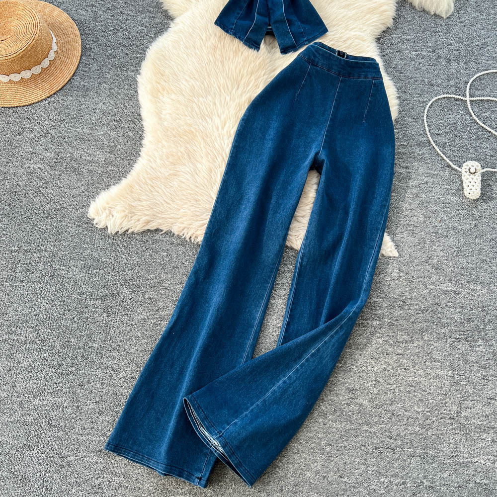 Cowgirl-chic cami and tube top two-piece set for women, featuring a high-waisted, slimming wide-leg pants outfit perfect for spring and summer