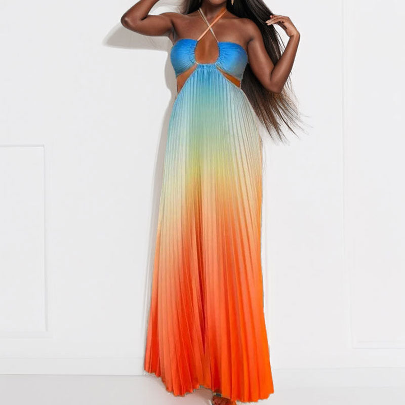 cross-border european and american women's clothing: women's summer maxi dress - gradient color halter neck pleated fashion vacation dress