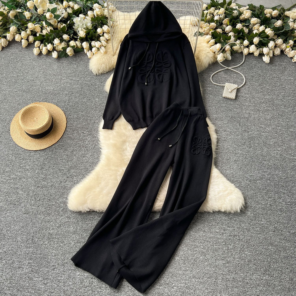 Lazy style casualsuit women's stereo texture printingpullover hooded knittingsweatshirthigh waistloose pantspants