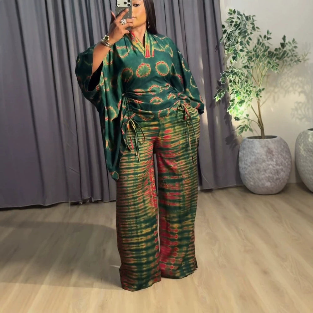 african plus size women's clothing  summer new fashion v-neck printed drawstring top and wide-leg pants set