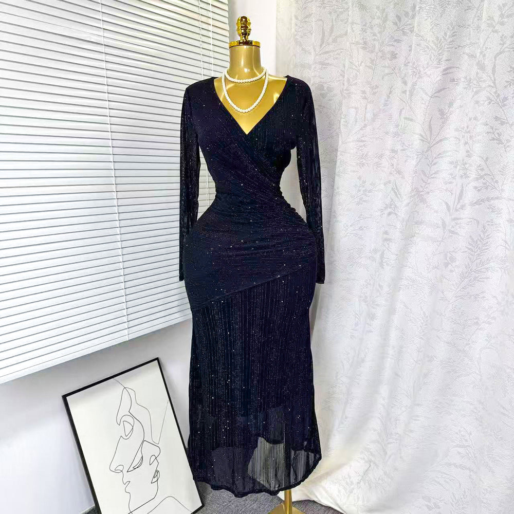 Exportautumnew arrivalsexy cross v necklong sleevesilm elastic mesh hot diamonddressfemaleelegance dress