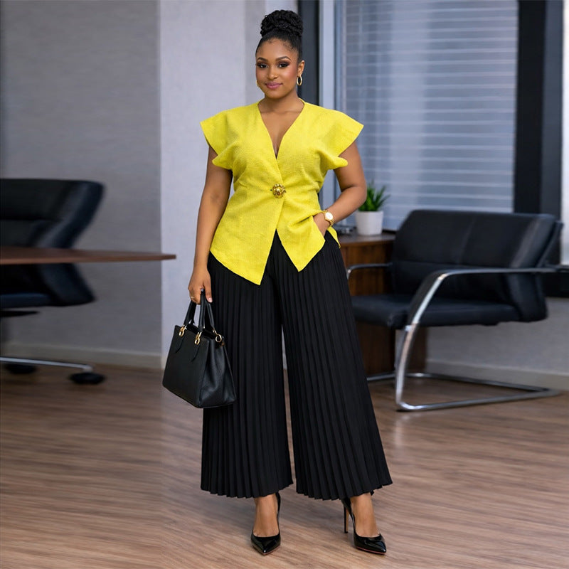 European and american cross-border women's clothing  summer new collection: african-style plus size elegant v-neck short sleeve top and pleated long pants set
