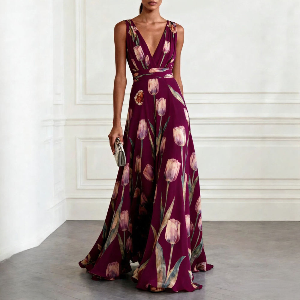 women's summer new arrivals: european and american style cross-border dress - elegant printed, waist-cinching v-neck dress