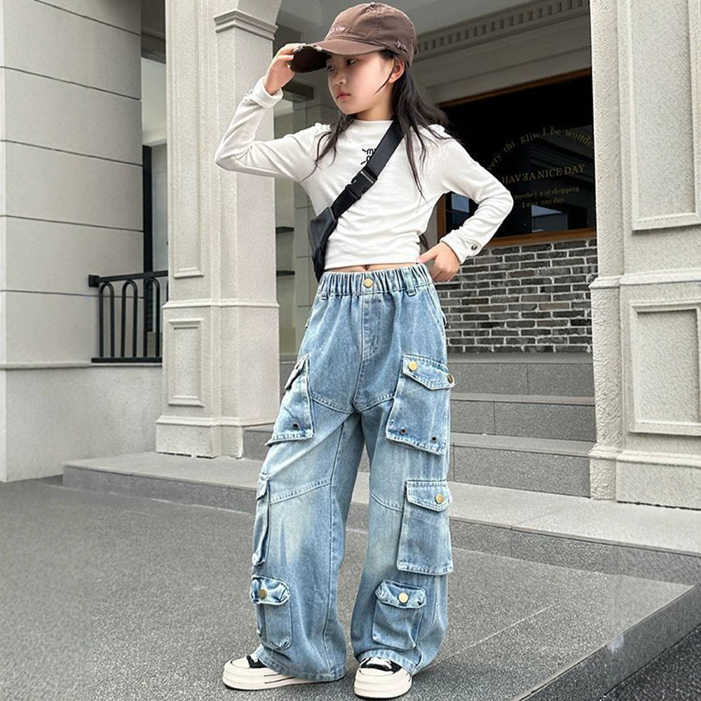 girls' spring/autumn denim pants: new styles for mid-to-large children, loose-fit casual straight-leg trousers, stylish and versatile wide-leg pants for kids