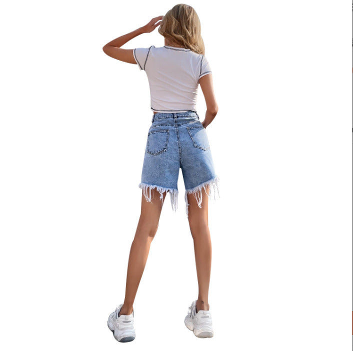 63-30836#  cross-border women's fashion european & american ins style spring/summer slimming frayed wide-leg denim shorts