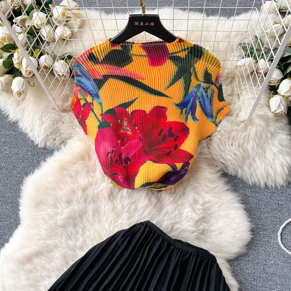 European and american style fashion queen set for women - summer french chic high-end printed top + loose pleated wide-leg pants