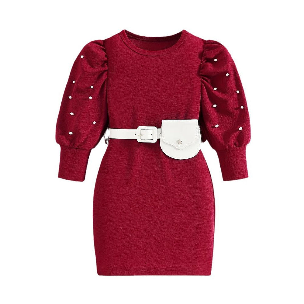 retrogirldress red round neck lantern sleeves belt waist bag pearl decoration fall and winterkids skirt