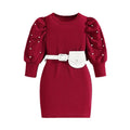 retrogirldress red round neck lantern sleeves belt waist bag pearl decoration fall and winterkids skirt