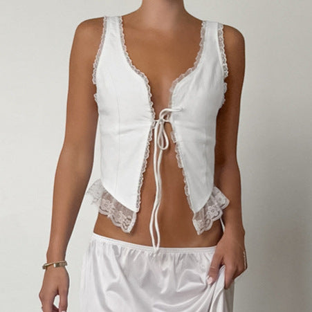 sexy white lace suspender vest women's summer fashion V-neck cardigan vest niche women's clothing