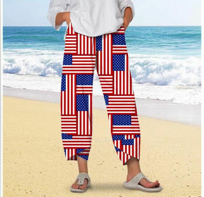 new  wide-leg pants: relaxed fit, cotton linen blend, printed, pocketed, elastic waist, cropped length - women's - in stock