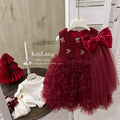 Girls' dress  winter red fleece-lined mesh skirt children's princess dress toddler & little girl bowknot formal gown