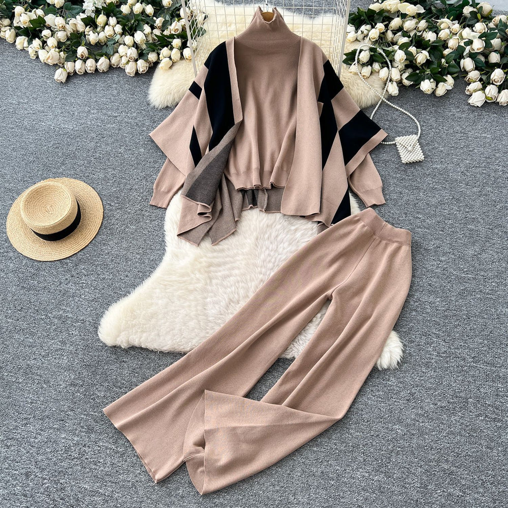 K-stylestripesprinting shawl high collar knittingsweater with high waistdrapedloose-fit silm pants royal sistersuit winter
