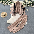 K-stylestripesprinting shawl high collar knittingsweater with high waistdrapedloose-fit silm pants royal sistersuit winter