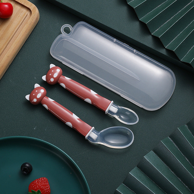 Baby cartoon spoon set, silicone soft head spoon, elbow spoon combination, baby silicone tableware pp box.