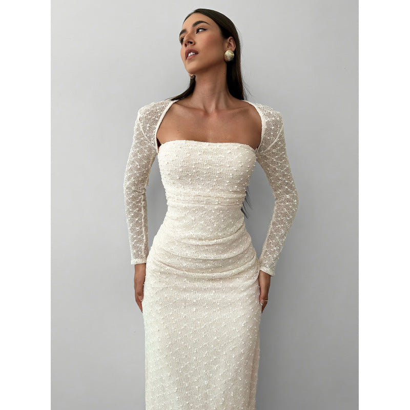 Aliexpress 1688 independent station women's elegant square neck jacquard knitted long sleeve dress gown