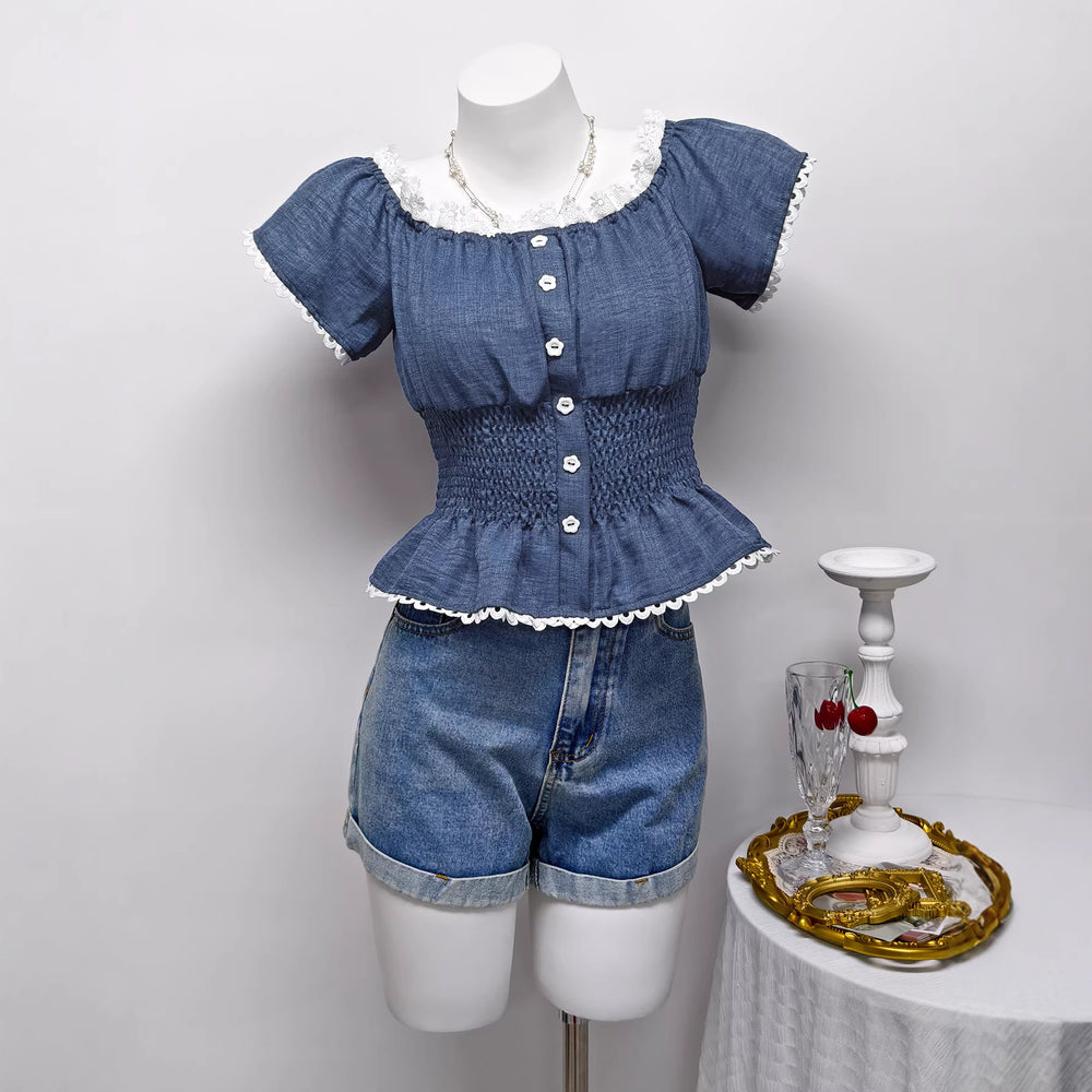 Ready stock - 195051# european and american export cross-border niche beautiful unique puff sleeve women's slim-fit flattering blouse