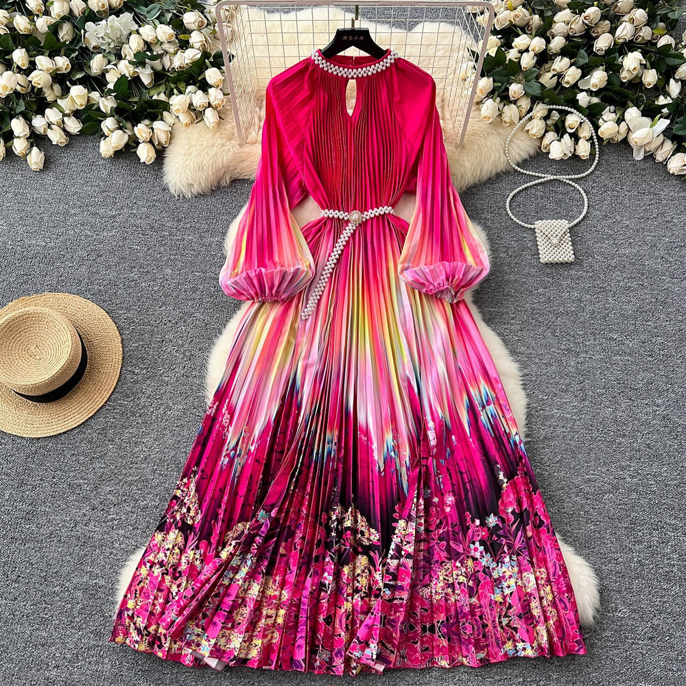 European and american high-end elegant women's fashion beaded round neck hollow-out pleated lantern sleeve cinched waist printed maxi dress