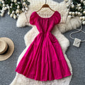 French chic one-shoulder bubble sleeve a-line dress - women's summer korean style short sleeve high waist slimming elegant dress