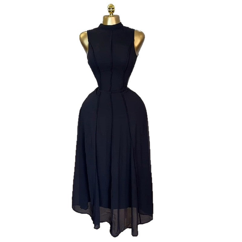 European and american cross-border women's fashion  summer new arrival: elegant semi-high neck sleeveless high-waisted a-line black tank dress