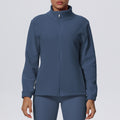 New women's solid color fleece-lined pocket stand collar zip-up casual sports jacket for running, fitness, and yoga