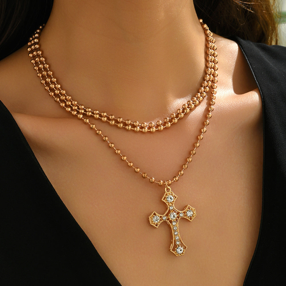 Wholesale hollow cross necklace - european & american cross-border retro, light luxury, high-end, diamond-studded, unique round bead chain accessories