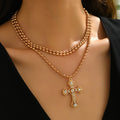 Wholesale hollow cross necklace - european & american cross-border retro, light luxury, high-end, diamond-studded, unique round bead chain accessories