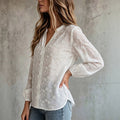 European and american style plus size hollow-out embroidered top - white floral embroidery v-neck single-breasted lantern sleeve lightweight blouse