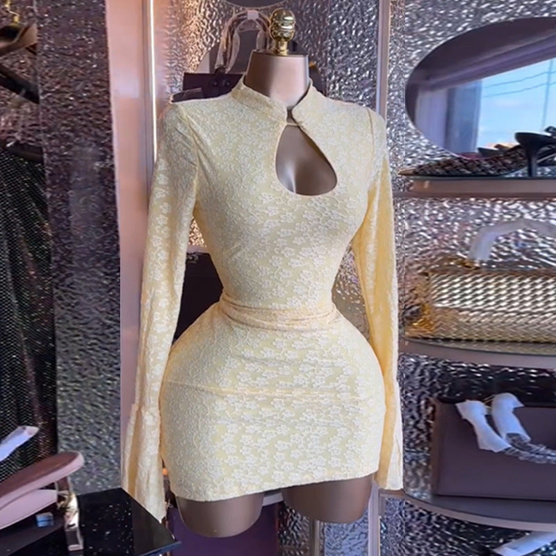 European and american women's clothing  autumn new sweet and fresh stand collar lace high waist slimming bodycon mini dress