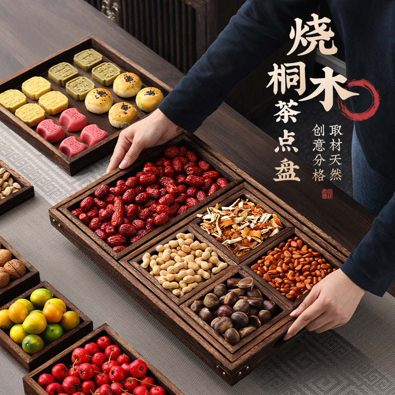 Wooden tray for tea brewing, dried fruit, afternoon tea snacks, and dim sum – original paulownia wood chinese-style multi-compartment tea tray
