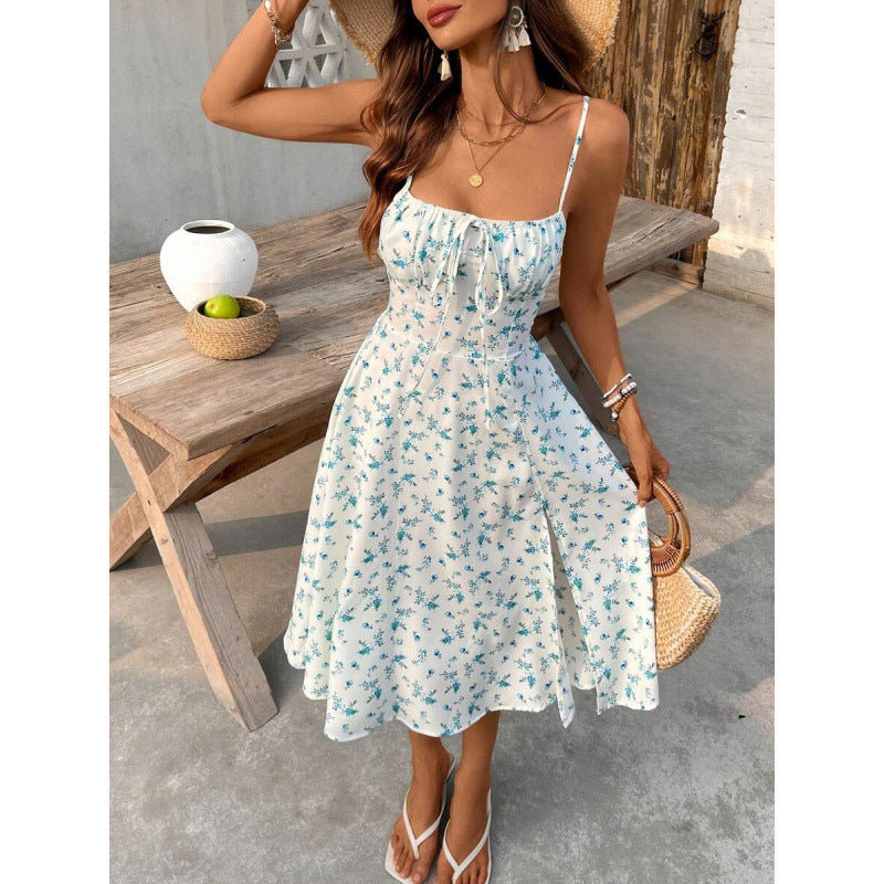 fashion  summer new sweet floral sexy backless tie back slit mid-length dress