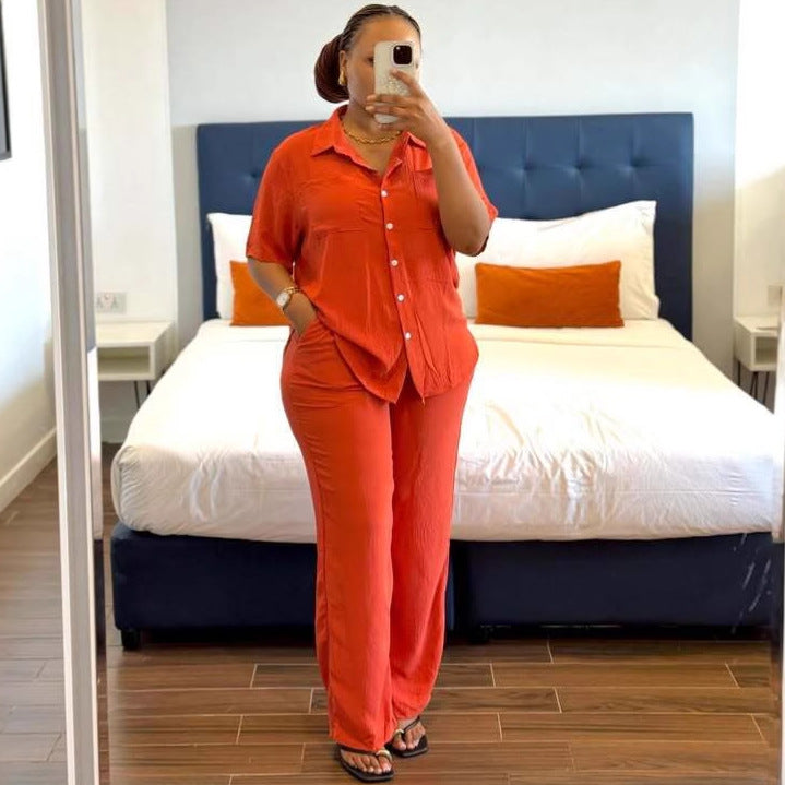 European and American large size casual loose lapel solid color cardigan shirt African new foreign style versatile trousers women's suit