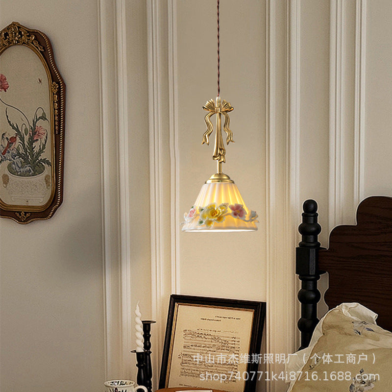 French retro bow brass small pendant wall lamp 3d ceramic flower pleated fabric bedroom bedside light