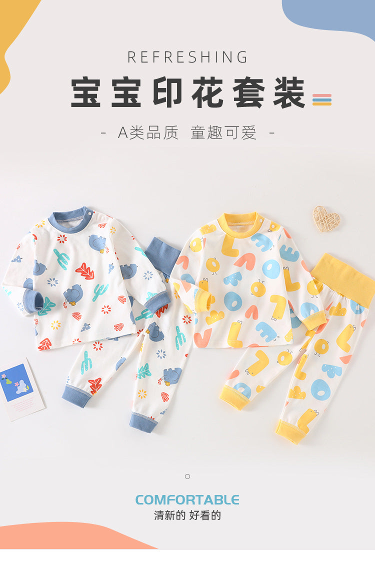 Baby autumn clothes suithigh waist belly protection men and women baby children long sleeves separates pajamas autumn pants pure cotton kidssuit