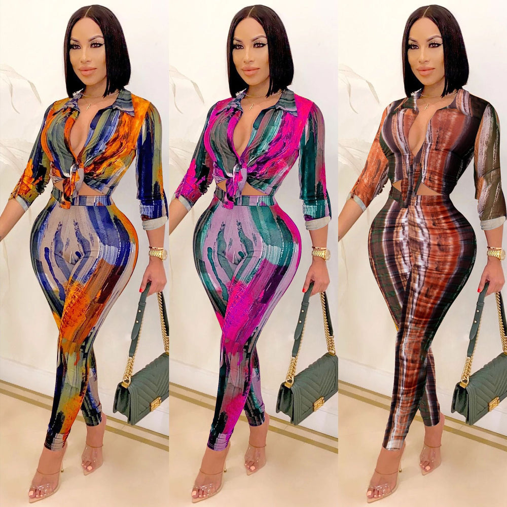 X5281 special offer: no returns or exchanges. please purchase with care. new fashion digital print v-neck long sleeve top and pants two-piece set for women