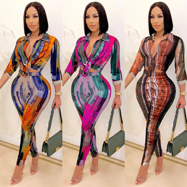 X5281   wish European and American new fashion digital printing V-neck long-sleeved trousers two-piece set women
