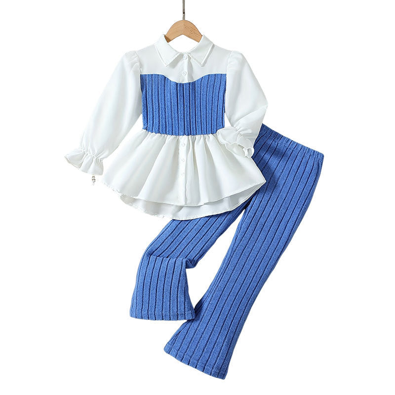 Autumnew arrivalkidsshirtvest lacetwo-piece setfashiontweed stylepantsgirllong sleevesk-stylesuit