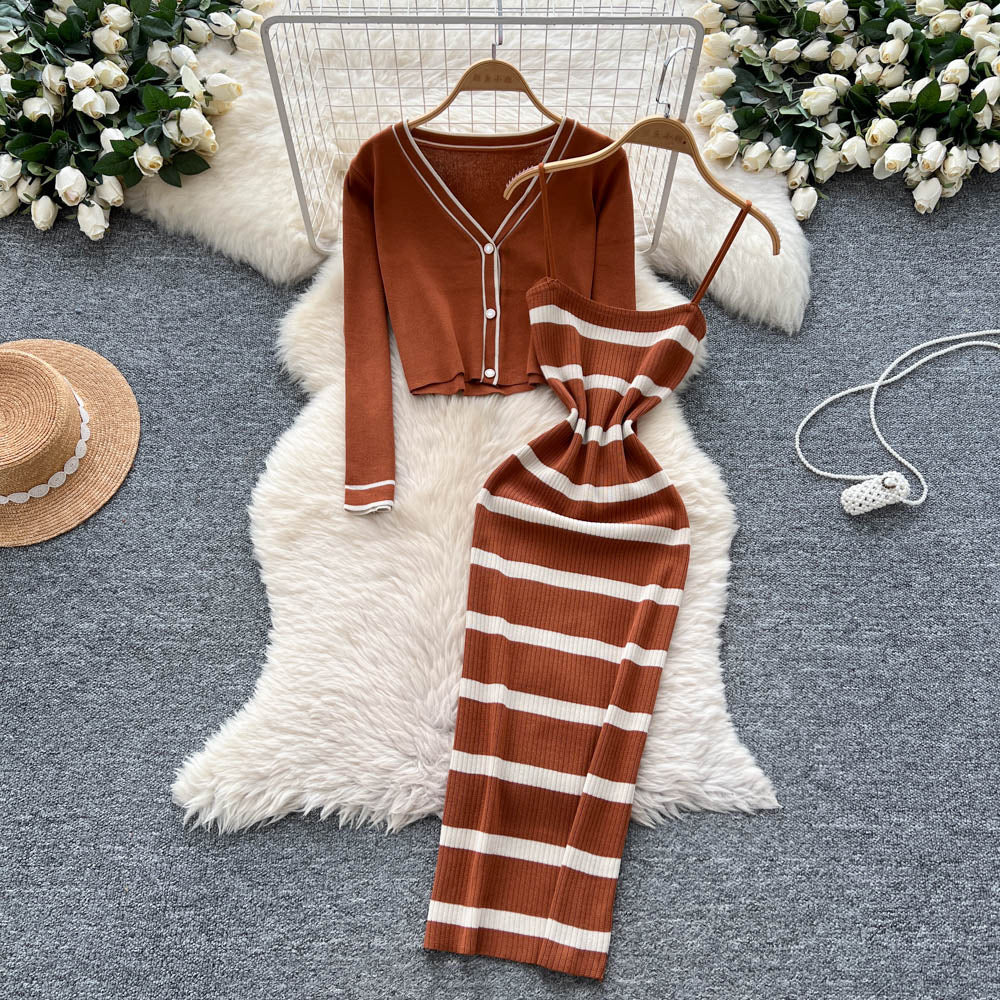 Feminine style outfit: 2025 new arrival - slim-fit striped knit camisole dress with long-sleeved cardigan jacket