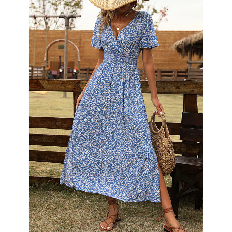 cross-border european and american floral print dress - butterfly sleeve, slit thigh maxi dress