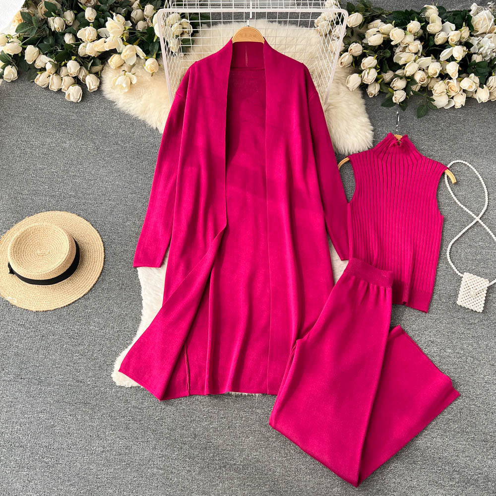 Autumnew arrival lazy looseknittingsuit women's long shawl cardigan + turtleneck sweater + loose pants three-piece set