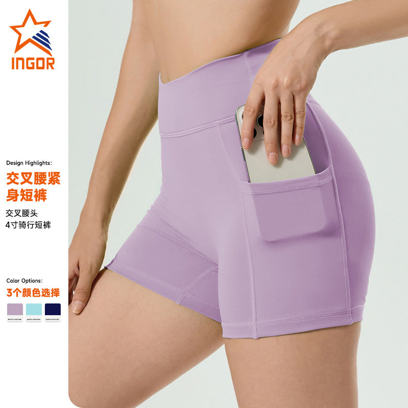 Ready-to-ship 4inch criss-cross waist seamless workout shorts - high-waisted, peach lift, tight-fit running & yoga shorts