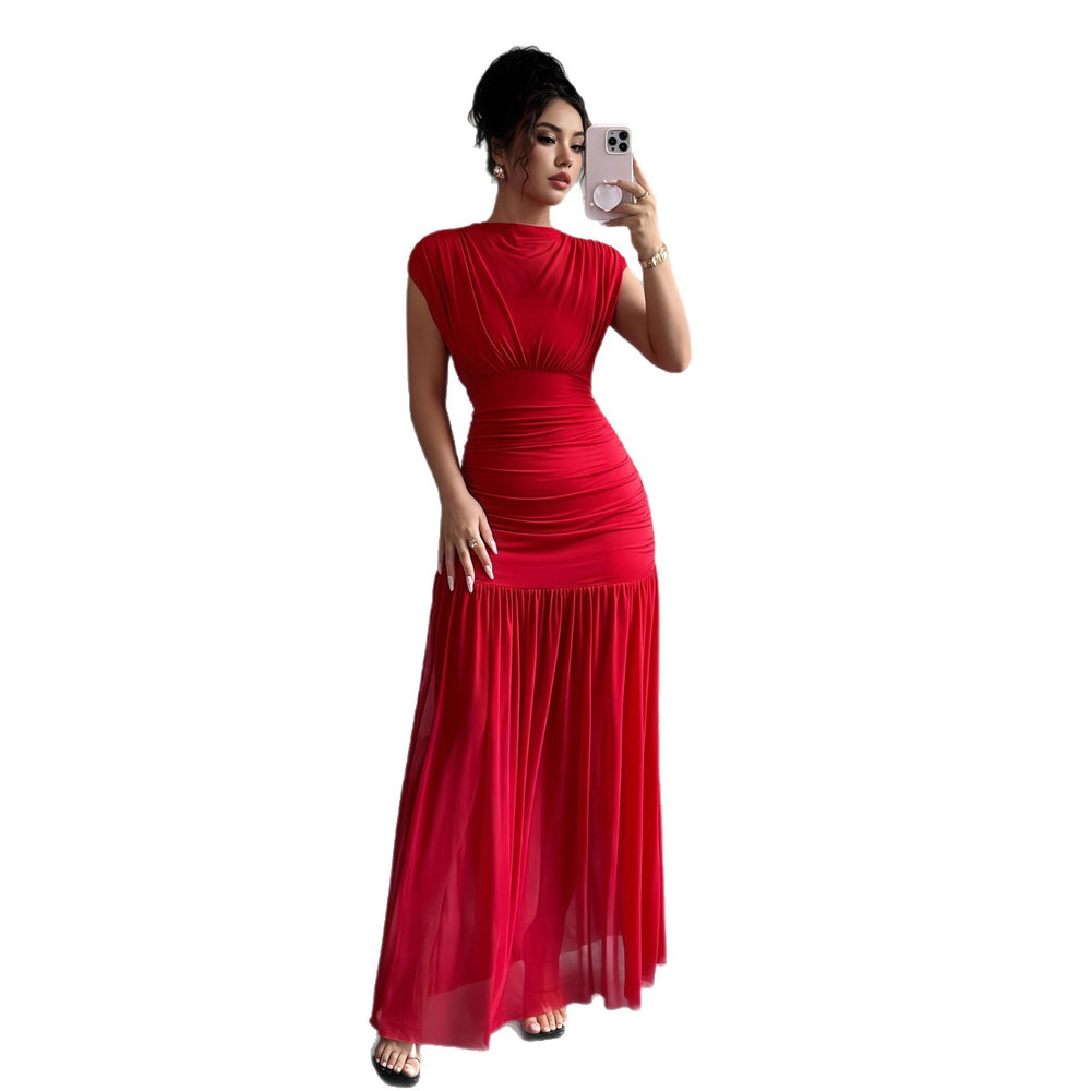 European and american cross-border women's fashion:  autumn new arrival - solid color round neck flutter sleeve cinched waist ruched elegant long dress