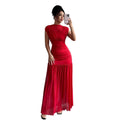 European and american cross-border women's fashion:  autumn new arrival - solid color round neck flutter sleeve cinched waist ruched elegant long dress