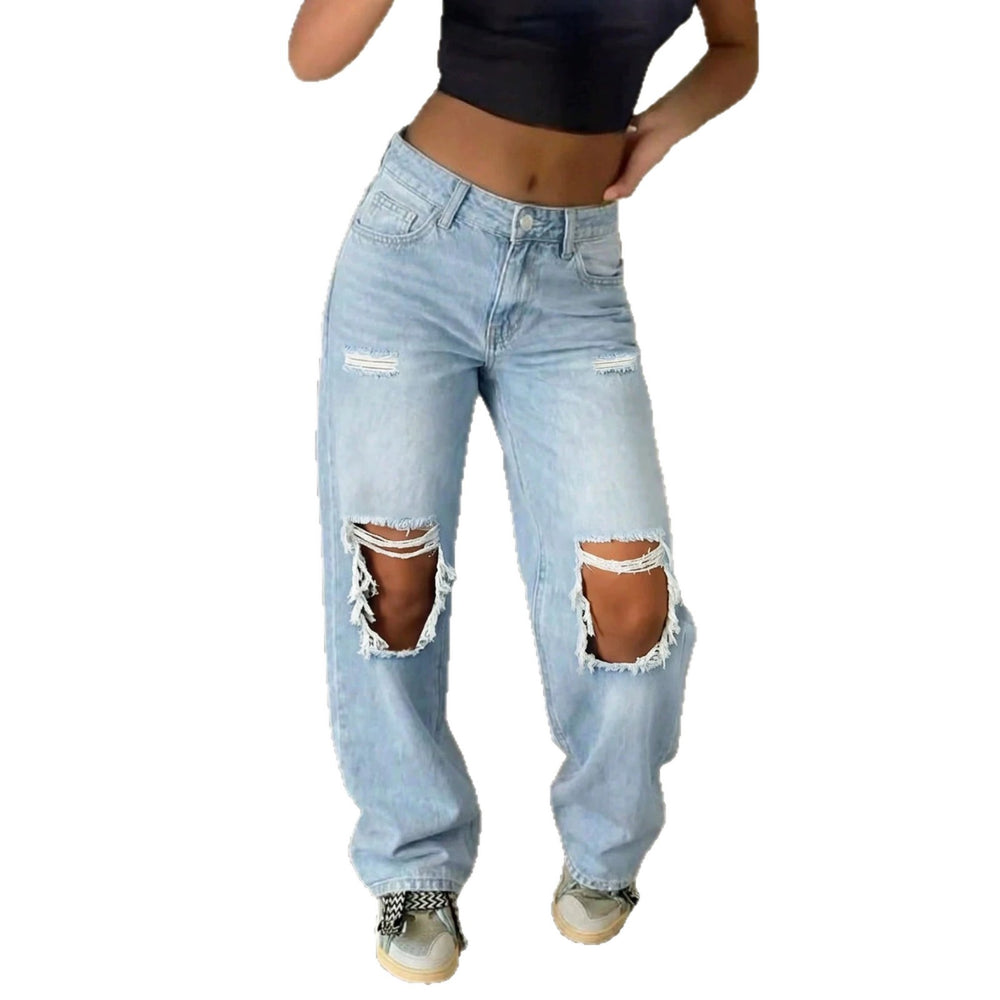 Fashionjeans women's light white washed ripped raw edge wide-leg mop pants street hot girl style loose denim pants
