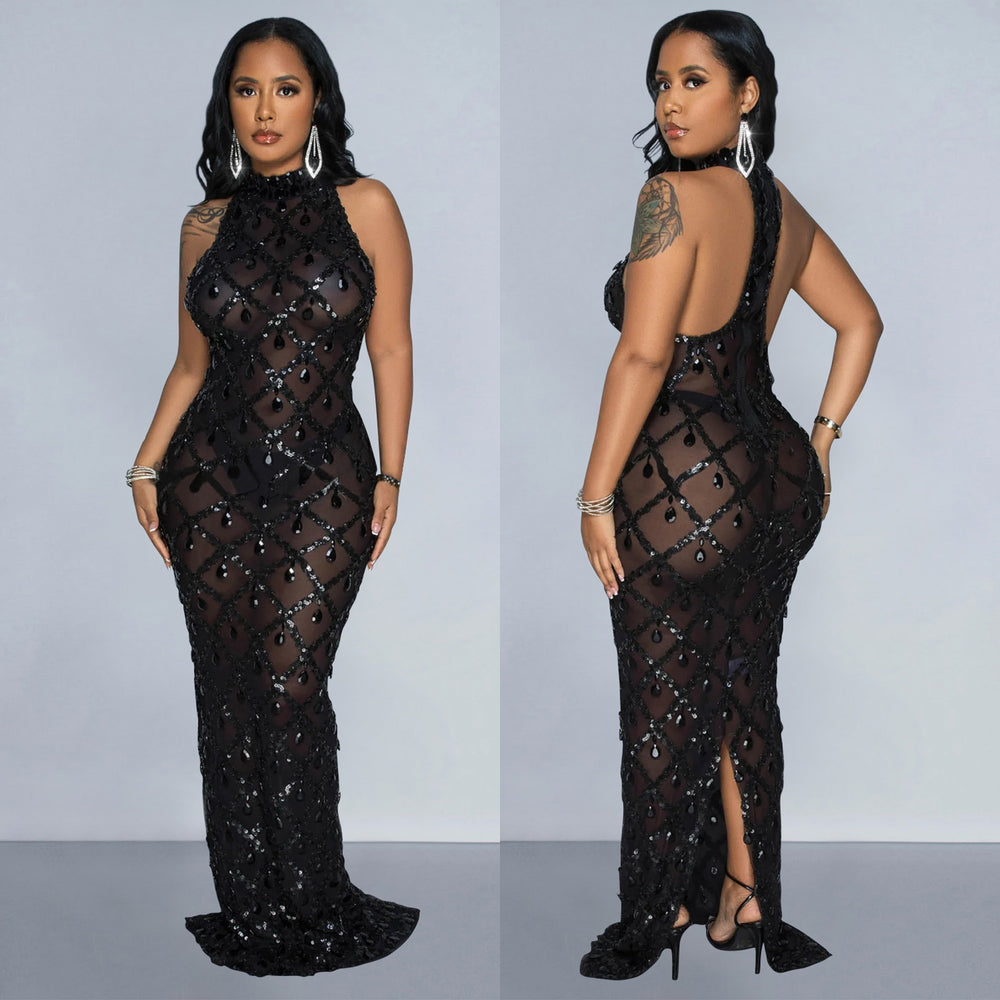 C6895 cross-border   fashion women's solid color sequin halter backless maxi dress