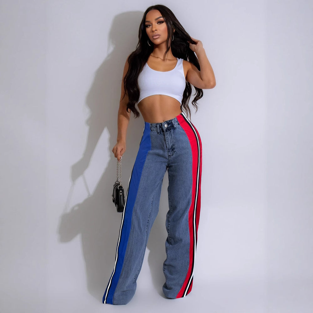 Best selling european and american clothing fashionpatchworkstripescontrast color denim pants new arrivalcasual waist elastic straight-leg pants