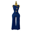 Exportelegantsense of design metal buckle round neck sleeveless vest vest + high waist wide leg pants denim suit for women